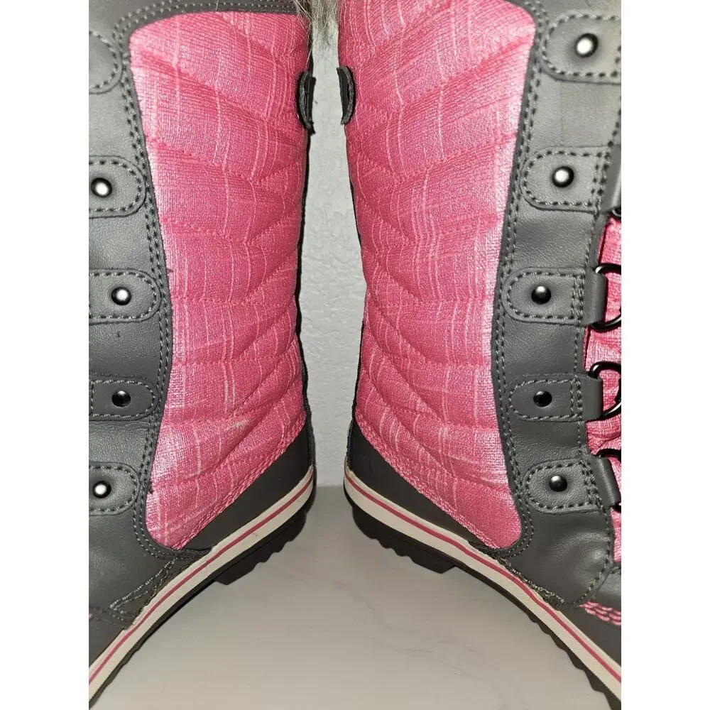 Sorel Tofino II Snow Boots YOUTH Size 6 Pink Gray Waterproof Fleece Fur Trim